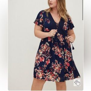 Torrid Floral Gauze Lace Up Mini Short Sleeve Skater Dress 4 / 4X